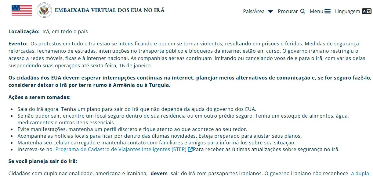Comunicado da Embaixada Virtual dos EUA em Teerã | Foto: Reprodução/US Gov