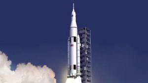 Impressão artística do lançamento de um SLS Block, variante tripulada da Nasa | Foto: Divulgação/Nasa