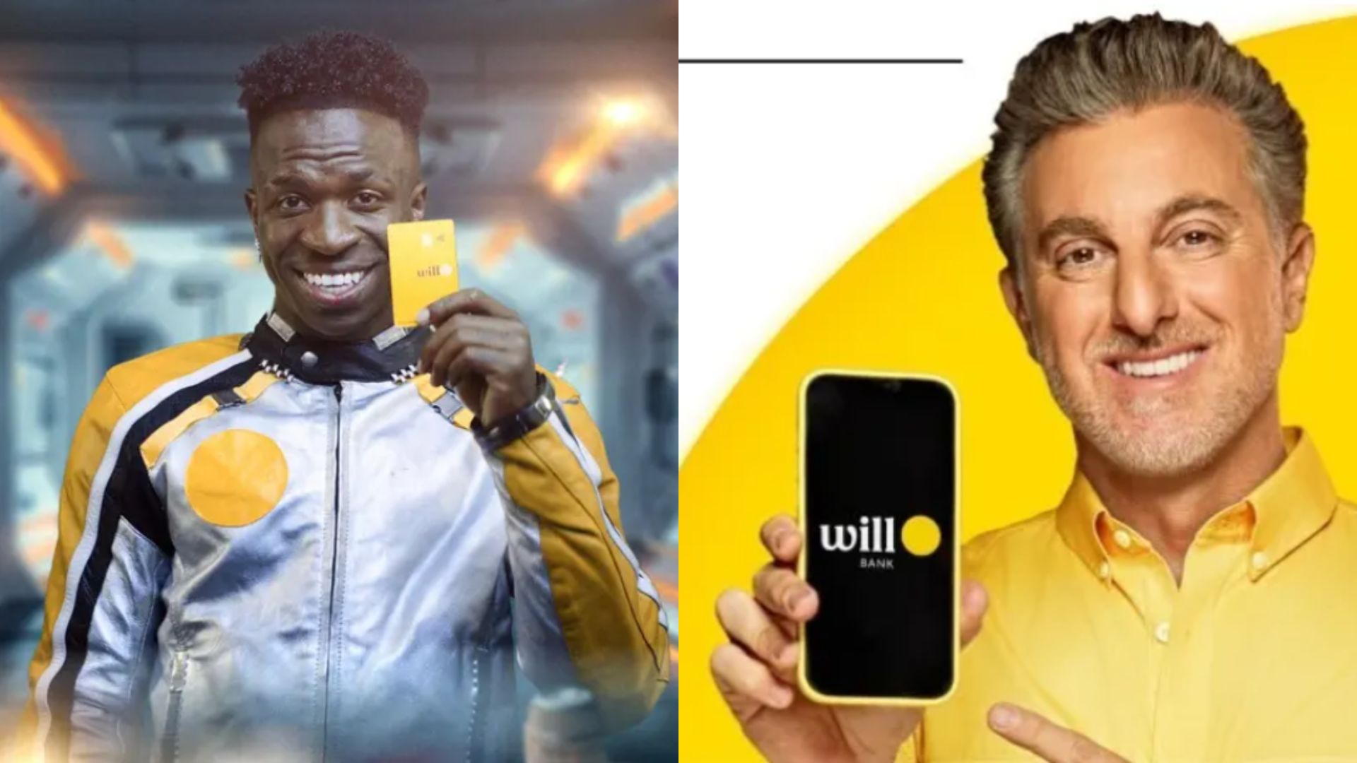 À esquerda, jogador Vinícius Júnior; à direita, apresentador Luciano Huck, em campanhas publicitárias do Will Bank | Fotos: Divulgação/Will Bank