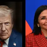 À esquerda, o presidente dos EUA, Donald Trump; à direita, líder interina da Venezuela, Delcy Rodríguez