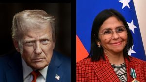À esquerda, o presidente dos EUA, Donald Trump; à direita, líder interina da Venezuela, Delcy Rodríguez