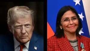 À esquerda, o presidente dos EUA, Donald Trump; à direita, líder interina da Venezuela, Delcy Rodríguez