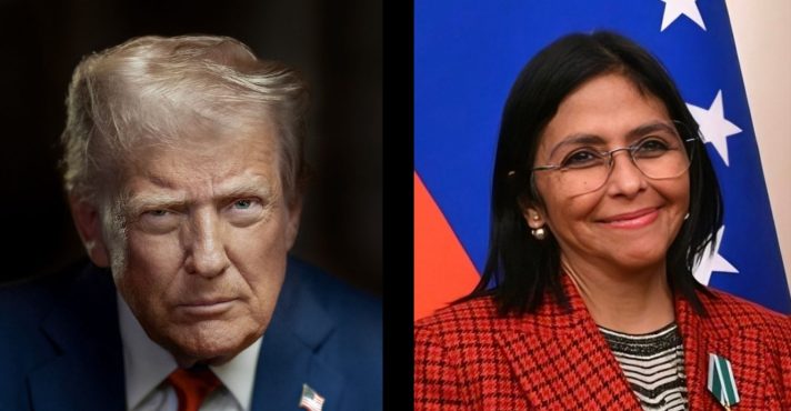 À esquerda, o presidente dos EUA, Donald Trump; à direita, líder interina da Venezuela, Delcy Rodríguez