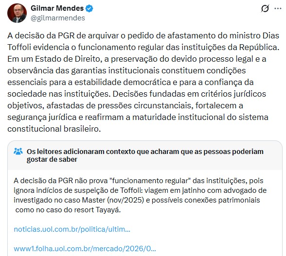 Postagem de Gilmar recebeu nota para 'adicionar contexto' | Foto: Reprodução/X