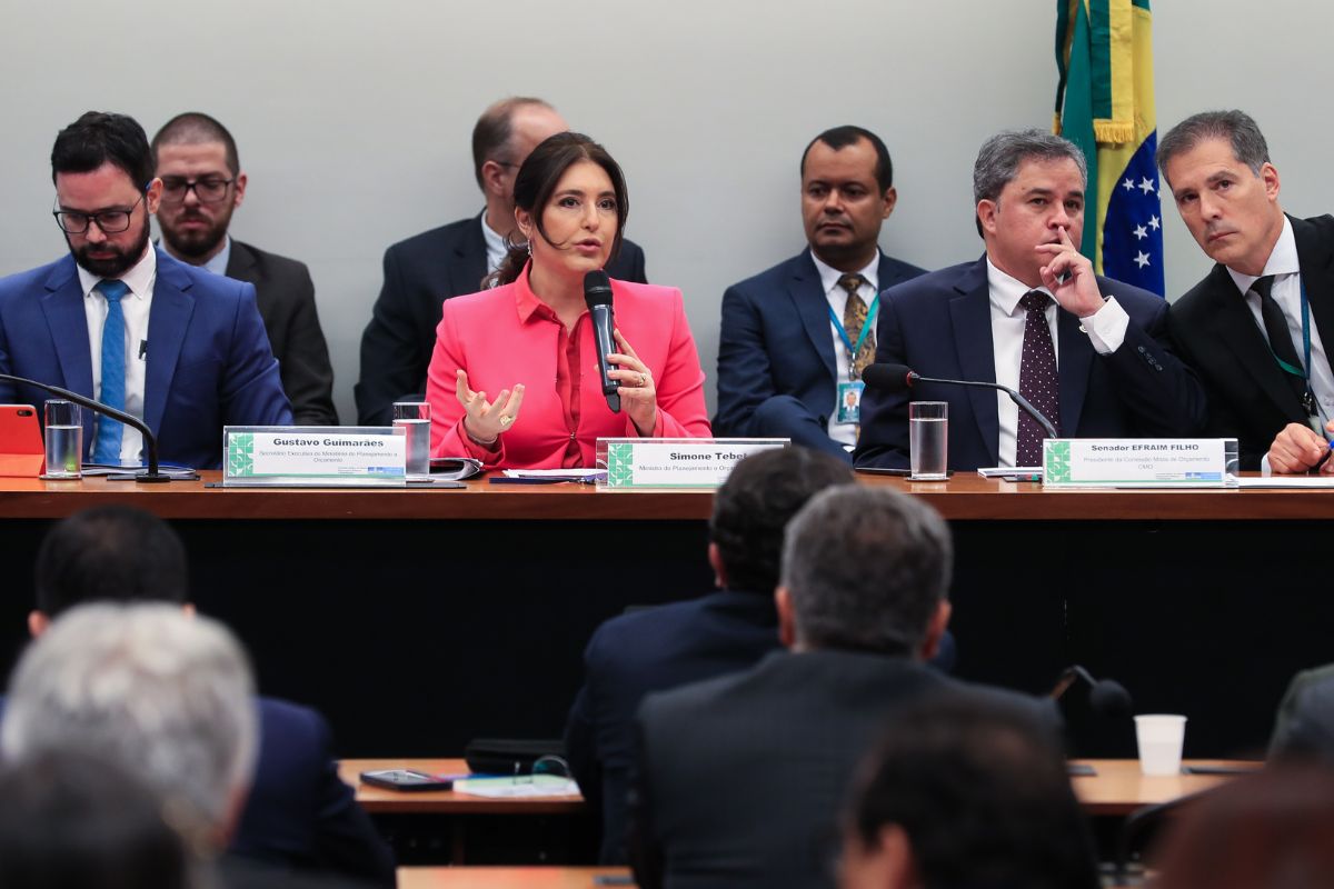 Autoridade feminina fala ao microfone em audiência pública sobre orçamento público, ao lado de parlamentares, com bandeira do Brasil ao fundo.