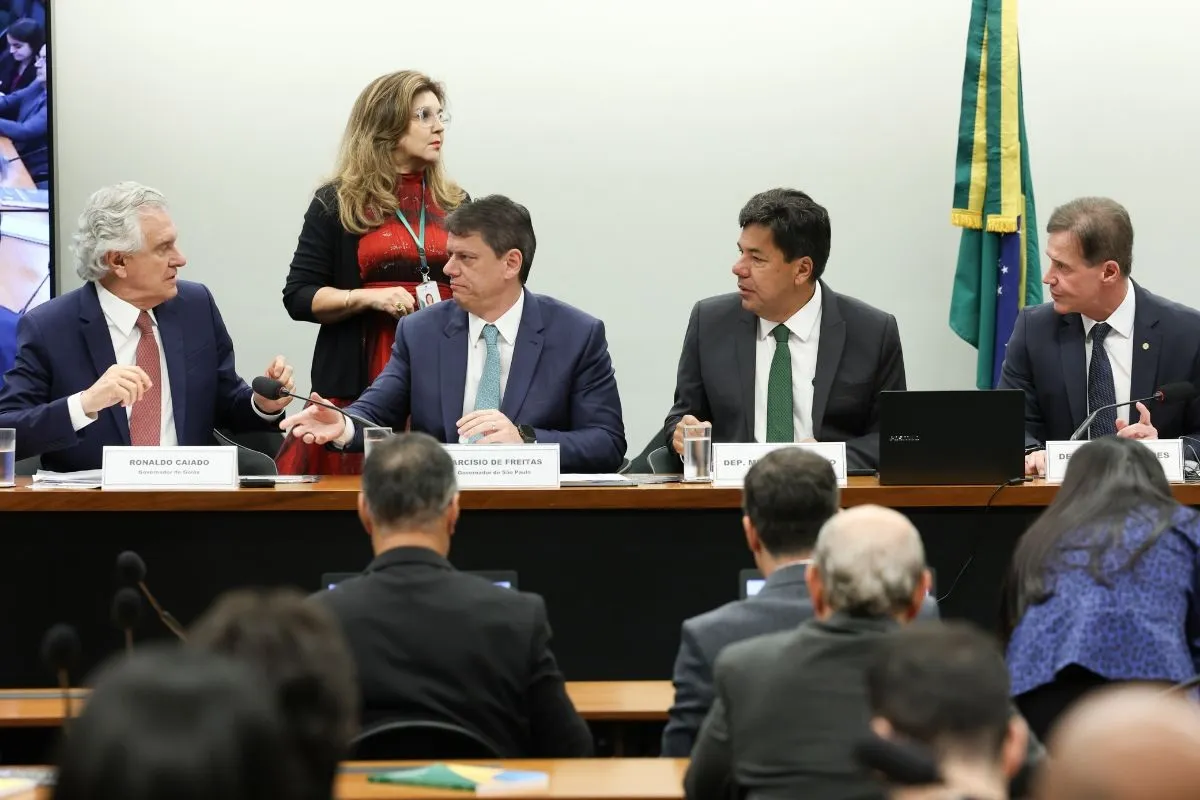 Governadores e deputados participam de audiência pública na Câmara dos Deputados, sentados à mesa com microfones e bandeira do Brasil ao fundo.