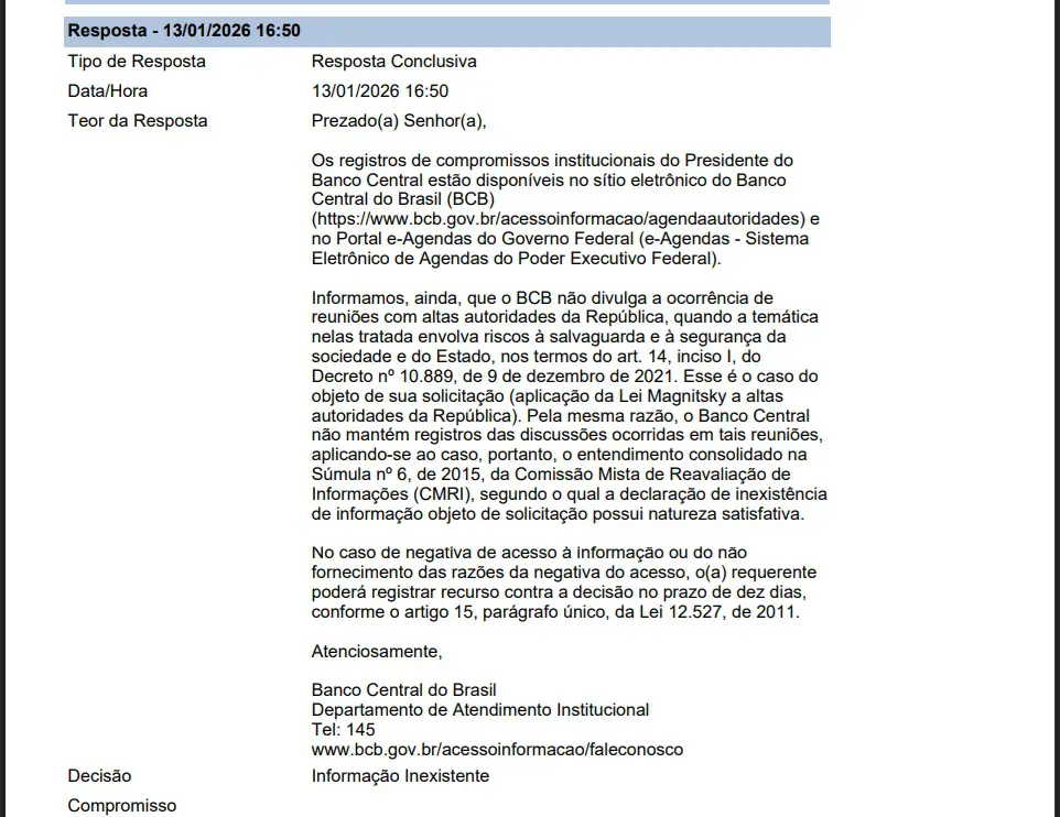 Resposta do BC sobre conteúdo da reunião entre Moraes e Galípolo | Foto: Reprodução/O Antagonista