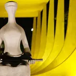 Estátua da Justiça segurando espada em frente ao Supremo Tribunal Federal, iluminada à noite, em Brasília.