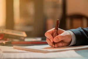 Mão de uma pessoa segurando uma caneta e assinando um documento em uma mesa, representando formalização de contrato ou ato legal