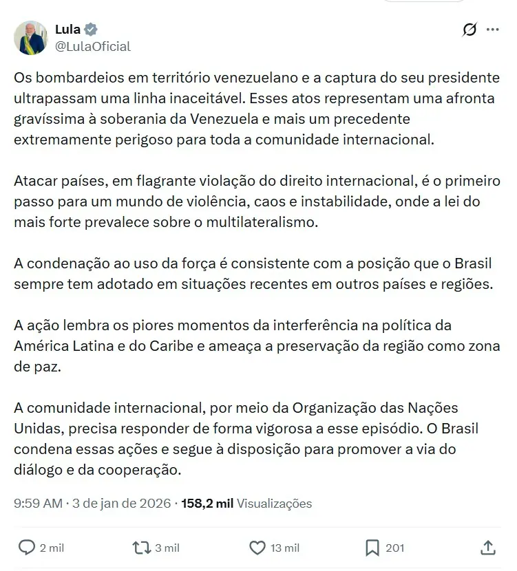 Pronunciamento de Lula sobre ação que prendeu Maduro na Venezuela | Foto: Reprodução