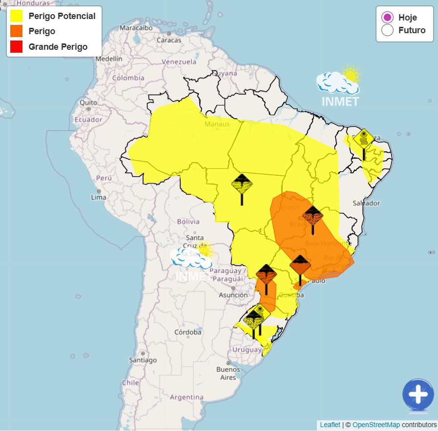 Mapa mostra todos os alertas do Inmet para esta quinta-feira, 1º | Foto: Reprodução/Inmet