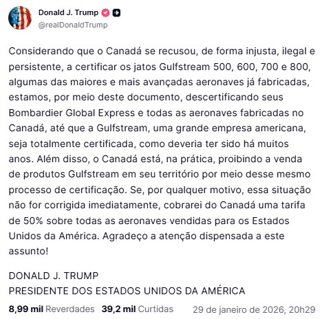 Post de Trump na Truth Social - 29/01/2026 | Foto: Reprodução/TruthSocial