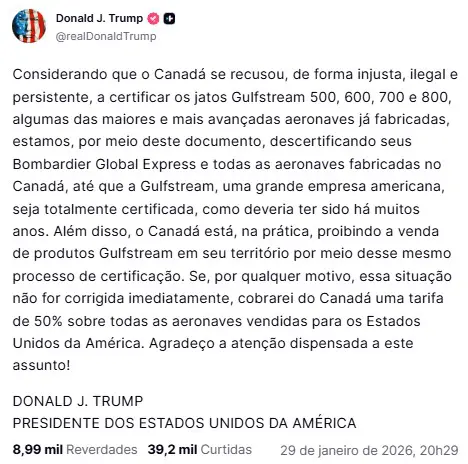 Post de Trump na Truth Social - 29/01/2026 | Foto: Reprodução/TruthSocial