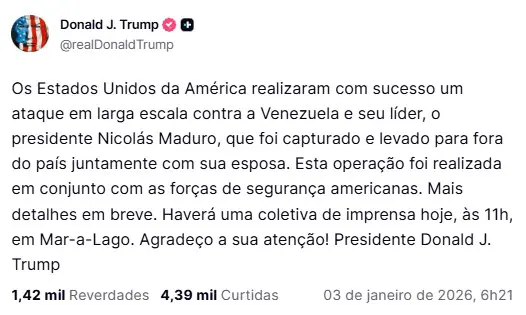 Post no qual Trump confirma a captura de Maduro | Foto: Reprodução/TruthSocial, traduzido pelo Google