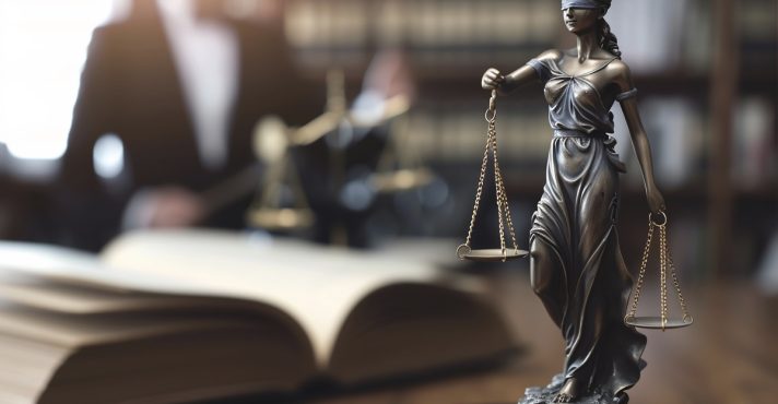 Estátua da deusa da justiça com balança e olhos vendados sobre um livro aberto, representando projeto de lei, processo legislativo e aplicação da lei.