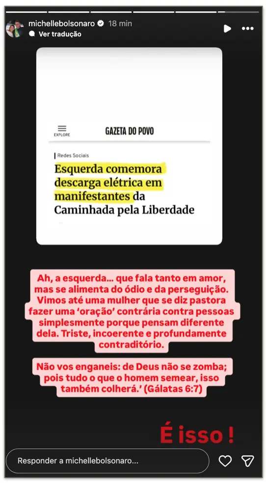 Publicação de Michelle Bolsonaro no Instagram | Foto: Reprodução