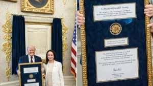 Trump e María Corina, durante entrega da medalha do Nobel da Paz | Foto: Reprodução/X