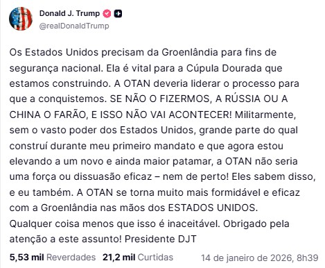 Post de Trump sobre a Groenlândia | Foto: Reprodução/Truth Social