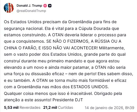 Post de Trump sobre a Groenlândia | Foto: Reprodução/Truth Social
