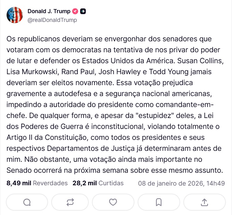 Publicação de Trump na Truth Social | Foto: Reprodução