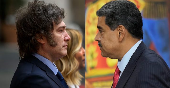 O presidente argentino, Javier Milei, e o ex-ditador venezuelano Nicolás Maduro | Foto: Reprodução redes sociais