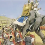 Ilustração reproduz o uso de elefantes pelos soldados de Cartagena contra o exército romano | Ilustração: Reprodução/Redes sociais