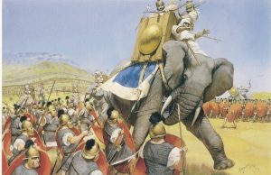 Ilustração reproduz o uso de elefantes pelos soldados de Cartagena contra o exército romano | Ilustração: Reprodução/Redes sociais