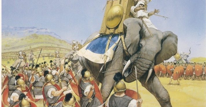 Ilustração reproduz o uso de elefantes pelos soldados de Cartagena contra o exército romano | Ilustração: Reprodução/Redes sociais