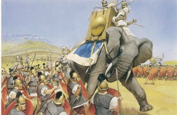 Ilustração reproduz o uso de elefantes pelos soldados de Cartagena contra o exército romano | Ilustração: Reprodução/Redes sociais