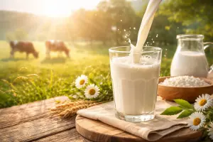 O consumo de leite de vaca fortalece os ossos e os dentes, além de ser uma fonte rica de proteínas, cálcio e potássio | Foto: Divulgação/Oeste | Imagem criada com o auxílio de inteligência artificial