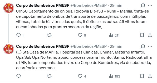 Postagem do Corpo de Bombeiros de SP sobre acidente em Marília | Foto: Reprodução/X
