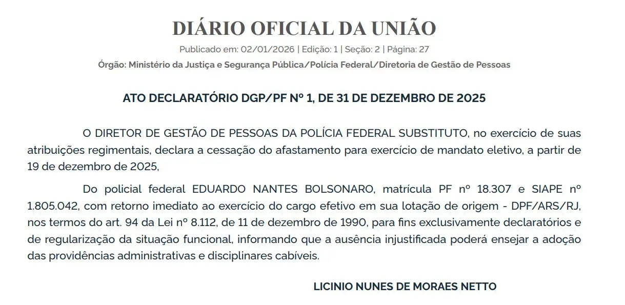 PF afasta Eduardo Bolsonaro do cargo de escrivão no Rio de Janeiro