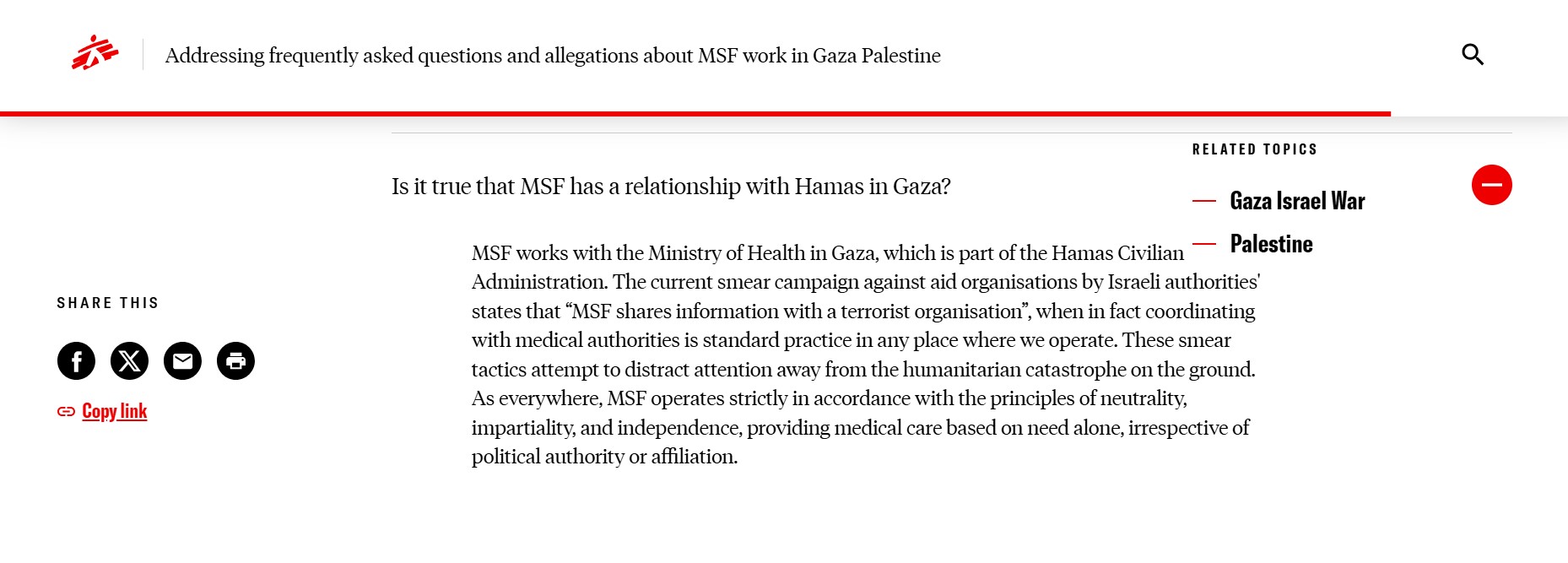 Médicos Sem Fronteiras admite presença de 'homens armados' em hospital de Gaza