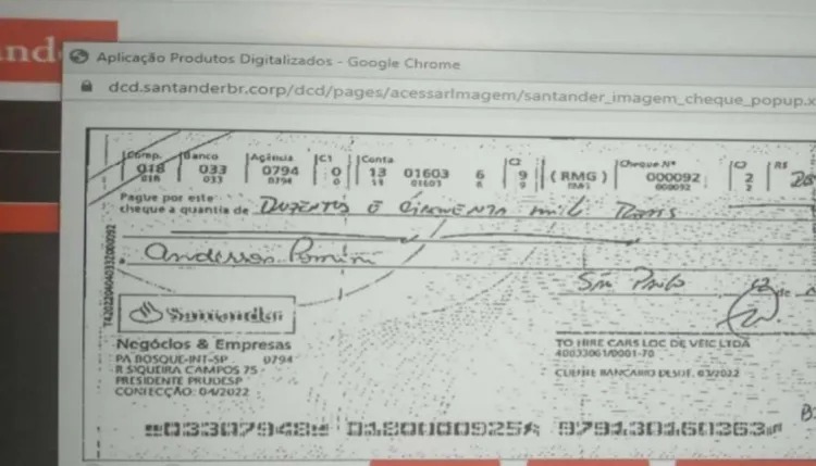 cheque para Anderson Pomini