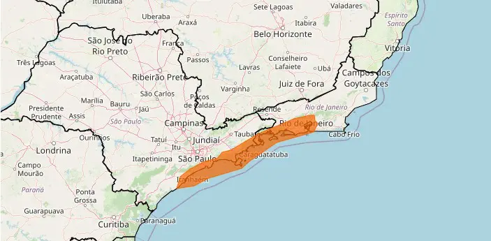 Faixa do litoral de São Paulo e do Rio de Janeiro em alerta nesta segunda-feira, 23/2/2026 | Foto: Reprodução/Inmet