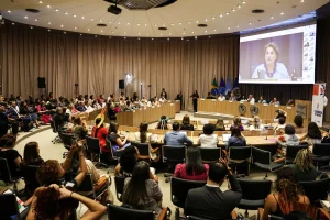 Participantes acompanham audiência pública sobre políticas para mulheres e saúde em auditório com transmissão em telão.