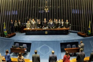 Sessão plenária no Senado Federal com parlamentares em pé durante cerimônia oficial em Brasília