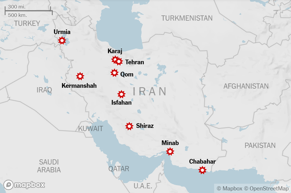 Mapa mostra as áreas iranianas atingidas por bombardeios | Imagem: <i>New York Times</i>/Reprodução