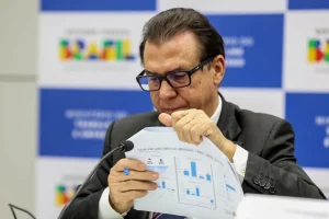 Autoridade do Ministério da Fazenda analisando relatório com gráficos de indicadores econômicos