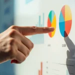 Mão apontando para gráfico de pizza colorido em painel com indicadores econômicos