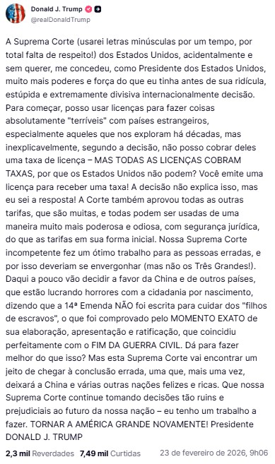 Post de ?Trump - 23/2/2026 | Foto: Reprodução/Truth Social