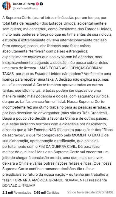 Post de ?Trump - 23/2/2026 | Foto: Reprodução/Truth Social