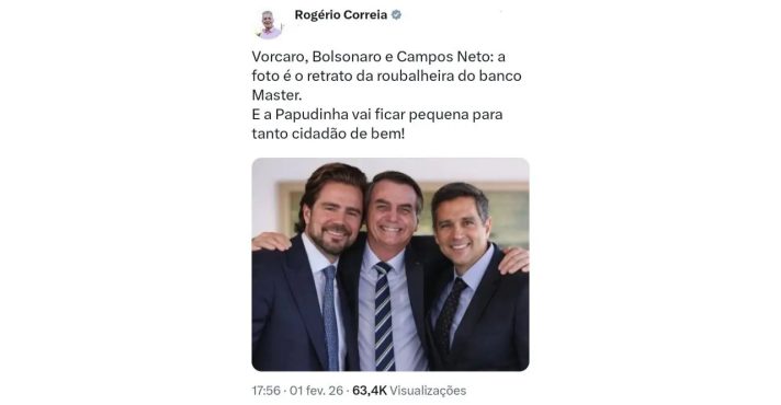 Imagem publicada por deputado do PT mostra Bolsonaro ao lado de Vorcaro e Campos Neto | Foto: Reprodução/Redes sociais