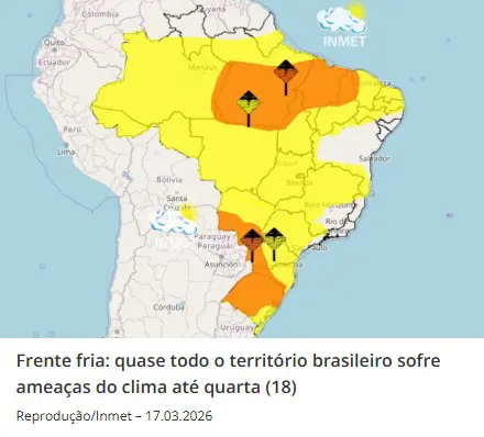Frente fria avança pelo Brasil nesta quarta-feira dia 18 de março