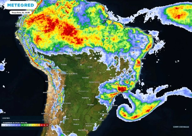 Mapa de probabilidade de chuvas para a tarde desta terça-feira, destaca áreas do Sudeste e Norte