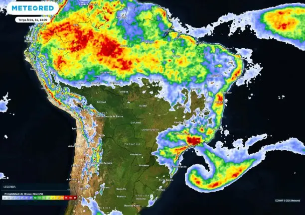 Mapa de probabilidade de chuvas para a tarde desta terça-feira, destaca áreas do Sudeste e Norte