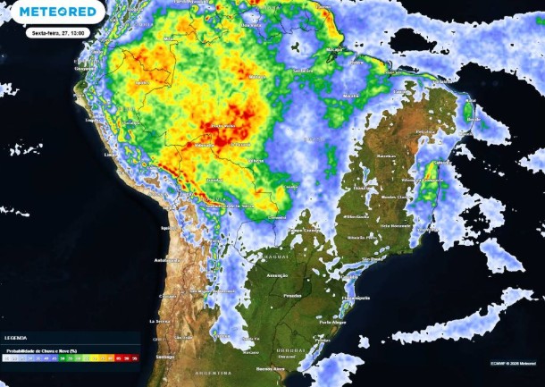 Previsão da  precipitação (%) para sexta-feira (27) à tarde (13h), segundo o modelo europeu ECMWF