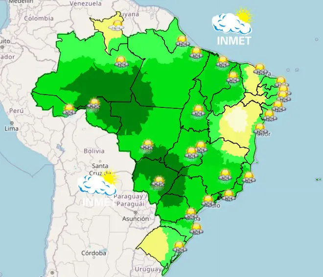 Pela manhã, a previsão do tempo mostra que chuvas com trovoadas vão atingir vários Estados | Foto: Reprodução/Inmet