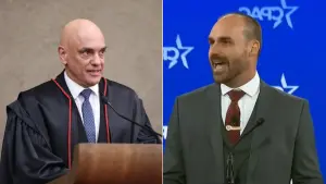O ministro do STF Alexandre de Moraes e o ex-deputado Eduardo Bolsonaro | Foto: Montagem sobre reprodução/Agência Brasil