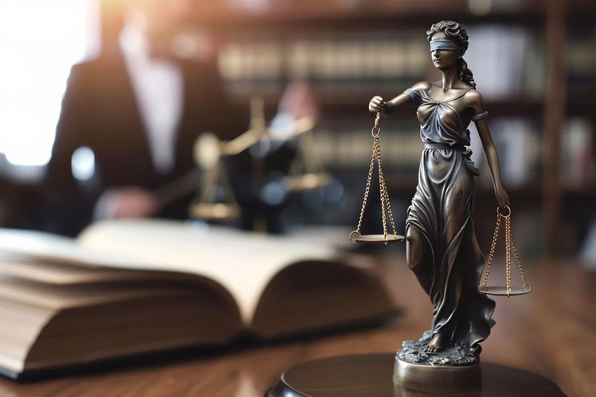 Estátua da deusa da justiça com balança em escritório jurídico com livro ao fundo